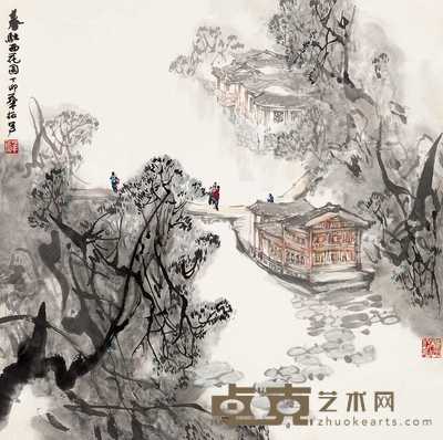 华拓 丁卯(1987年)作 春驻西花园 立轴 66.5×67.5cm